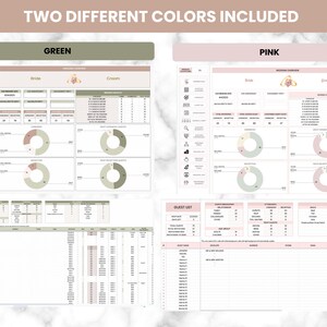 May include: Wedding planning checklist with two different colour options: green and pink. The checklist includes sections for guest list, wedding ceremony, and wedding reception. The checklist also includes pie charts for tracking guest RSVPs.