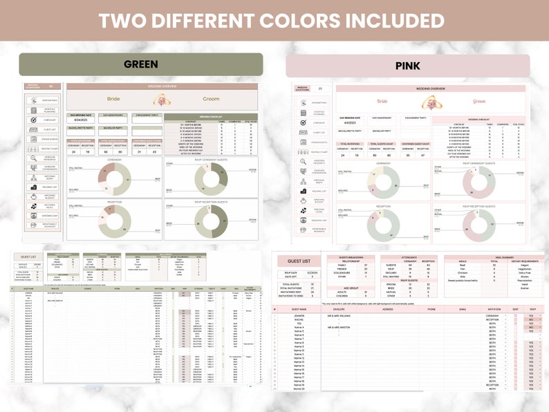 May include: Wedding planning checklist with two different colour options: green and pink. The checklist includes sections for guest list, wedding ceremony, and wedding reception. The checklist also includes pie charts for tracking guest RSVPs.