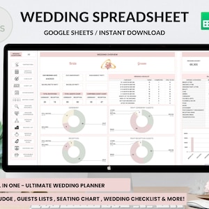May include: A computer screen displaying a wedding planning spreadsheet in Google Sheets. The spreadsheet has 15 tabs, including a wedding budget, guest lists, seating chart, and checklist. The spreadsheet is titled "Wedding Spreadsheet" and has a green icon in the top right corner.