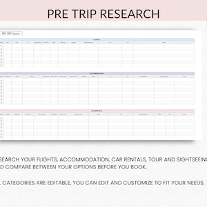 May include: A printable pre-trip research worksheet with sections for flights, accommodation, car rentals, and tour and sightseeing. The worksheet is designed to help travelers plan and compare options before booking.