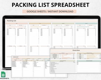 May include: A Google Sheets spreadsheet template for packing lists. The template includes sections for different categories of items, such as clothing, toiletries, and technology. There are also sections for checklists and an overview of the packing list.