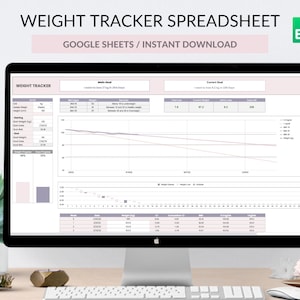 May include: A computer screen displaying a Google Sheets spreadsheet titled "Weight Tracker Spreadsheet". The spreadsheet is designed to track weight loss progress with a graph and data tables. The spreadsheet includes a "Main Goal" and "Current Goal" section.