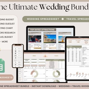 以下が含まれることがあります： 結婚式を計画するためのデジタル製品バンドルで、2つのスプレッドシートが含まれています。結婚式予算と旅行予算です。画像はスプレッドシートのスクリーンショットで、ゲストリスト、座席表、ベンダーリサーチなどのセクションがあります。スプレッドシートは、モダンでミニマルなスタイルで、ニュートラルなカラーパレットでデザインされています。