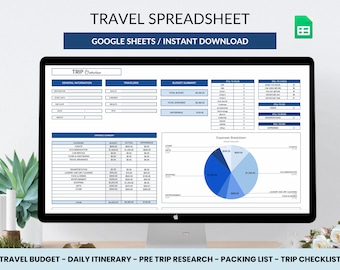 May include: A computer screen displaying a Google Sheets spreadsheet template for travel planning. The spreadsheet includes sections for general information, travelers, budget summary, expenses summary, and a pie chart breakdown of expenses. The title of the spreadsheet is "TRAVEL SPREADSHEET" and the subtitle is "GOOGLE SHEETS/INSTANT DOWNLOAD".