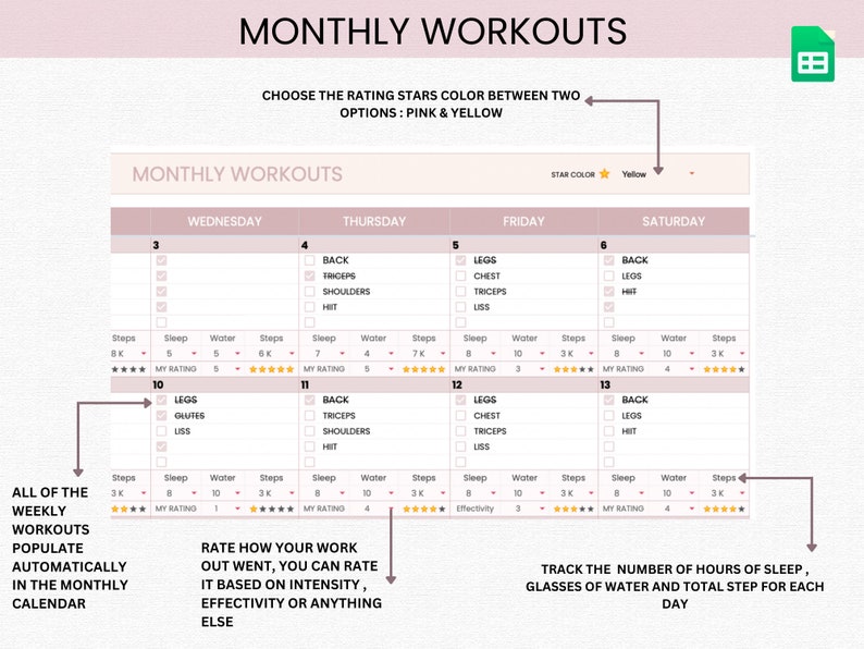 Fitness Planner Spreadsheet Workouts Tracker Google Sheets Etsy