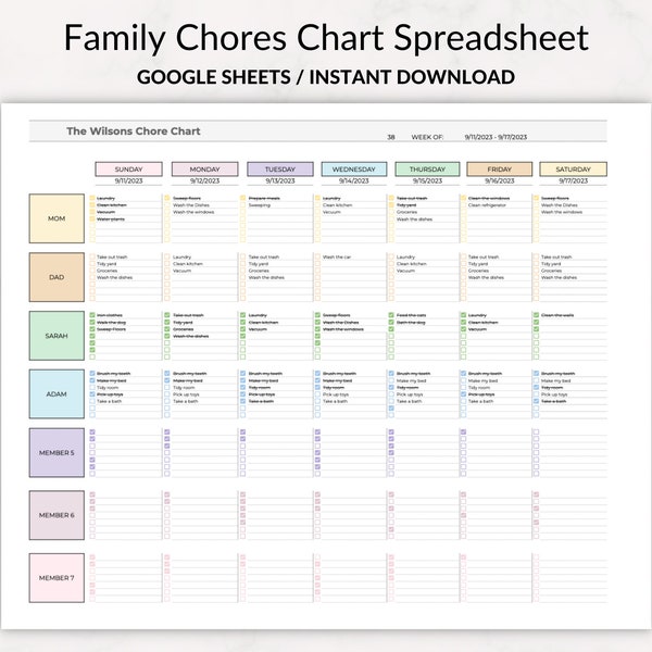 Family Chore Chart Google Sheets Template Weekly Chore Chart Spreadsheet Editable Chore Chart printable Chore Chart Family Weekly Schedule