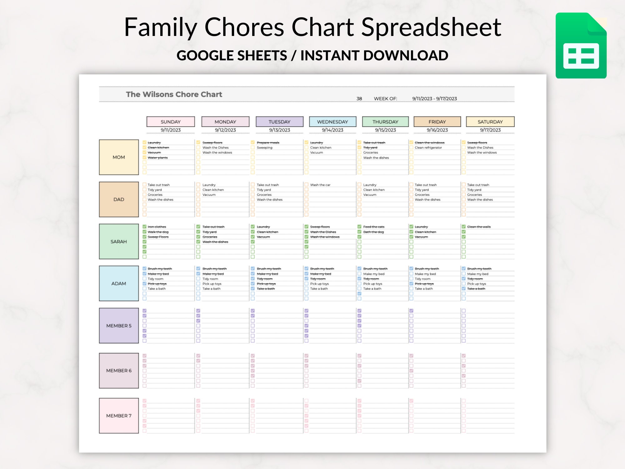 Family Chore Chart Google Sheets Template Weekly Chore Chart Spreadsheet Editable Chore Chart printable Chore Chart Family Weekly Schedule