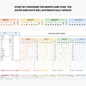 May include: A monthly habit tracker spreadsheet with a calendar grid for tracking daily habits. The spreadsheet includes a drop-down menu to select the month and year, and a section to track success percentage for each habit.