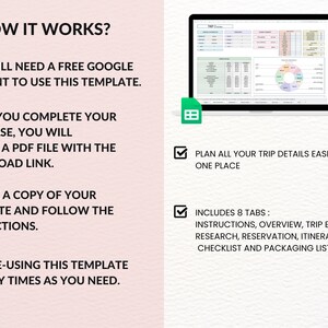 May include: A digital template for planning a trip. The template includes 8 tabs: Instructions, Overview, Trip Budget, Research, Reservation, Itinerary, Checklist, and Packaging List. The template is designed to help you plan all your trip details easily in one place.