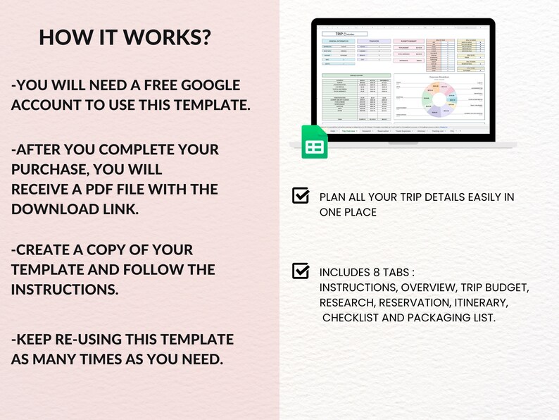May include: A digital template for planning a trip. The template includes 8 tabs: Instructions, Overview, Trip Budget, Research, Reservation, Itinerary, Checklist, and Packaging List. The template is designed to help you plan all your trip details easily in one place.