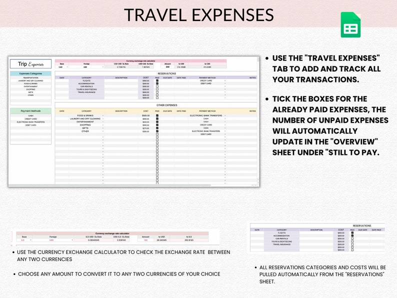 May include: A spreadsheet template for tracking travel expenses. The template includes sections for expenses, reservations, and a currency exchange calculator. The text "TRAVEL EXPENSES" is at the top of the page.