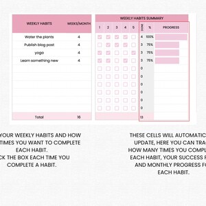 May include: A pink and white printable habit tracker with a checklist for weekly habits and a summary section to track progress. The tracker includes a list of habits such as water the plants, publish blog post, yoga, and learn something new. The summary section includes a progress bar for each habit.