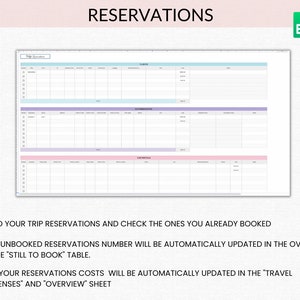 May include: A printable spreadsheet template for organizing trip reservations. The template includes sections for trip details, dates, costs, and notes. The template is designed to help users keep track of their travel plans and expenses.