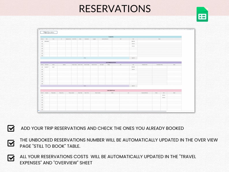May include: A printable spreadsheet template for organizing trip reservations. The template includes sections for trip details, dates, costs, and notes. The template is designed to help users keep track of their travel plans and expenses.