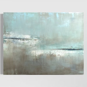 May include: Abstract painting with a light blue and gray color scheme. The painting features two horizontal lines of white and black paint, creating a sense of depth and movement.
