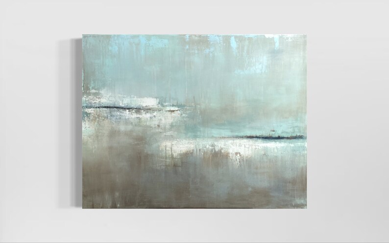 May include: Abstract painting with a light blue and gray color scheme. The painting features two horizontal lines of white and black paint, creating a sense of depth and movement.