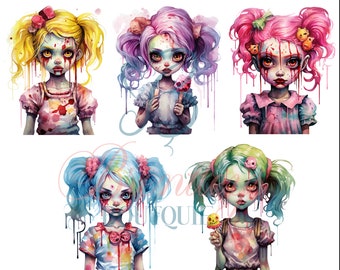 Niedliche Zombie Mädchen Design PNG, Candy Zombie Mädchen, PNG, Sublimation, Halloween, Zombie, gruselig, Aquarell