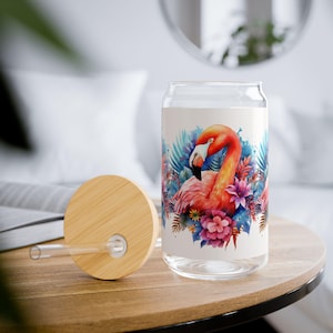 Beker van flamingoglas, roze flamingo-sipperbeker, tropisch drinkgerei, 16 oz, zomerbekerhouder, leuk strandglaswerk