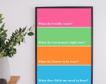 May include: A rectangular wall art print in a black frame featuring four horizontal color blocks in pink, green, orange, and blue. Each block contains white text: What do I really want?, What do I need most right now?, What do I know to be true?, and What does little me need to hear?
