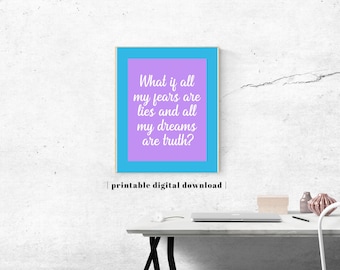 May include: A rectangular wall art print featuring a bright blue border surrounding a lavender center with the white text: What if all my fears are lies and all my dreams are truth? The print includes the text: printable digital download.