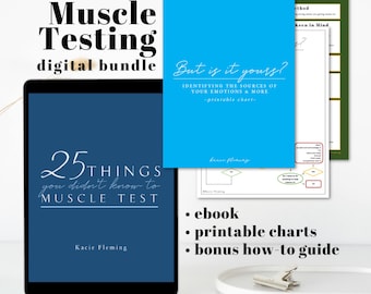 Pacote digital de e-books sobre TESTE MUSCULAR, folha de dicas de referência rápida, identificação de fontes de emoções e crenças, cura geracional