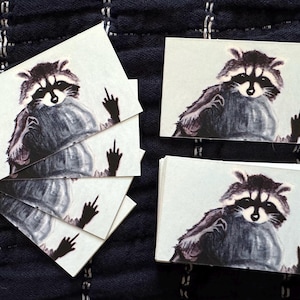 May include: A collection of rectangular cards featuring a raccoon illustration. The raccoon is depicted with a dark gray and black fur, and is giving the middle finger. The cards are on a dark blue textured surface.