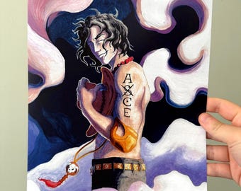 May include: A digital painting of a man with long, dark hair. He is wearing a red beaded necklace and a tattoo that says "ACE" on his right shoulder. He is holding a large, orange-colored object in his left hand. The background is a swirling mix of purple, blue, and white.