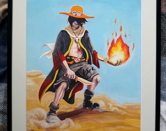 May include: A framed painting of a character wearing an orange hat with skull emblems, a black open coat with red trim, and dark shorts. The character holds a bright orange and yellow flame in one hand and a knife in the other, standing on a sandy landscape.