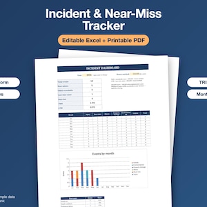 May include: An Incident & Near-Miss Tracker document featuring an Incident Dashboard with tables and an Events by month bar chart. The document includes sections for a Report form, 5 Whys, TRIR / LTIR, and a Monthly chart, provided as an editable Excel and printable PDF file.