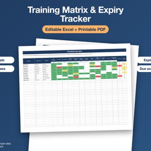 May include: A Training Matrix & Expiry Tracker document featuring a grid with columns for employees, departments, and courses. The table uses color-coded cells in green, yellow, and red to indicate status, with labels for 60 people and 12 courses.