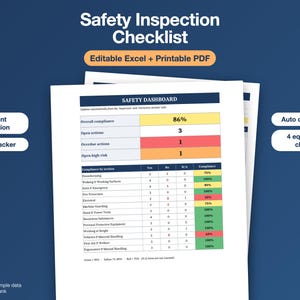 Peut inclure: Un document de liste de contrôle d'inspection de sécurité au format Excel modifiable et PDF imprimable. Le tableau de bord affiche une inspection en 52 points, un suivi des actions et quatre contrôles d'équipement avec des données codées par couleur.