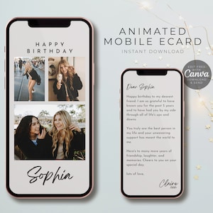 Modèle de carte d'anniversaire animée avec collage de photos pour téléphone portable. Conception contemporaine. Toile modifiable. Vidéo de la carte de voeux électronique