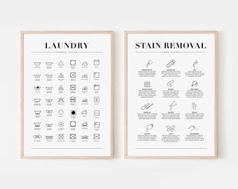 May include: Two black and white printable posters with laundry care instructions. The left poster is titled "Laundry - Symbol Guide" and features a grid of 36 laundry care symbols. The right poster is titled "Stain Removal - Care Guide" and features a list of common stains and how to remove them.