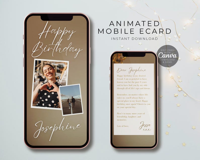 May include: Animated mobile ecard with a photo of a woman smiling and making a heart shape with her hands. The text on the card says "Happy Birthday Josephine" and includes a message wishing Josephine a happy birthday. The card is designed to be edited and sent using Canva.