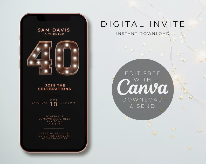 Puede incluir: Una invitaci&oacute;n digital para una fiesta de cumplea&ntilde;os n&uacute;mero 40. La invitaci&oacute;n se muestra en la pantalla de un tel&eacute;fono inteligente con un fondo negro y un gran n&uacute;mero 40 iluminado. El texto de la invitaci&oacute;n dice "Sam Davis cumple 40 a&ntilde;os. &Uacute;nase a las celebraciones. S&aacute;bado 18 de octubre, 7:00 PM. Someplace, Somewhere Street, Any Town, ATS SHY. RSVP Julie Davis antes del 20 de septiembre al 07854 985123."