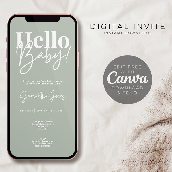 Hello Baby, Baby Shower Invite Template, Mobile Baby Shower Invite, Digital Baby Shower Invite, Text Invite