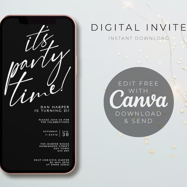 C'est l'heure de la fête E-Invite, modèle d'invitation électronique, toute invitation de message texte d'événement, invitation numérique, téléphone portable Evite