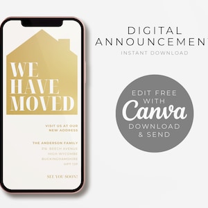 Nous avons déménagé, modèle mobile numérique d'annonce de déménagement, téléchargement modifiable d'annonce de nouvelle adresse, nouvelle carte de texte à la maison
