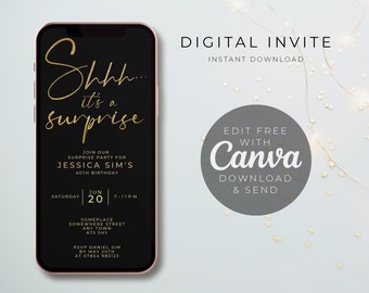Shhh... it&#39;s a surprise invite, surprise party invite, Invitation Template, Text Message Invitation, Digital Invite, Mobile Phone Evite