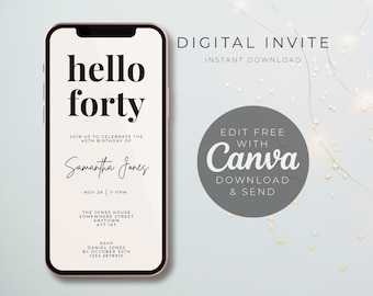 Hello Forty Birthday Invitation Template: Minimalist E-Invite (Digital Download)