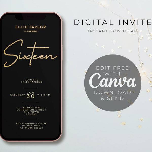 Sixteen, 16th, Sixteenth Birthday invite, Evite, E-Invite, Invitation Template, Text Message Invitation, Digital Invite, Mobile Phone Evite