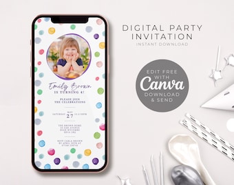 May include: A digital party invitation for a 4-year-old girl named Emily Brown. The invitation features a colorful confetti background with a photo of Emily in a circle. The text reads "Emily Brown is turning 4! Please join the celebrations Saturday May 27 12-2:30pm The Brown Home 16 Oak Avenue High Wycombe HP14 180 RSVP Carla Brown by April 30th at 07548 258745".