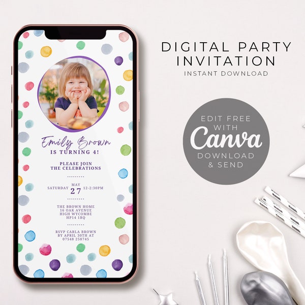Children's Birthday Party Invite, Add Own Photo Evite, Invitation Template, Text Invitation, Digital Invite, Mobile Phone Evite