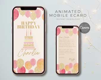 Animated Birthday Card Template for Mobile Phone. Contemporary Birthday Cake Design. Editable Canva. Greeting E-Card Video