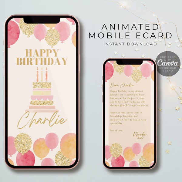 Animated Birthday Card Template for Mobile Phone. Contemporary Birthday Cake Design. Editable Canva. Greeting E-Card Video