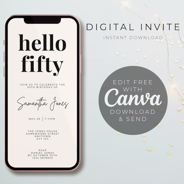 Hello Fifty, 50th, Birthday invite, E-Invite, Invitation Template, Text Message Invitation, Digital Invite, Mobile Phone Evite