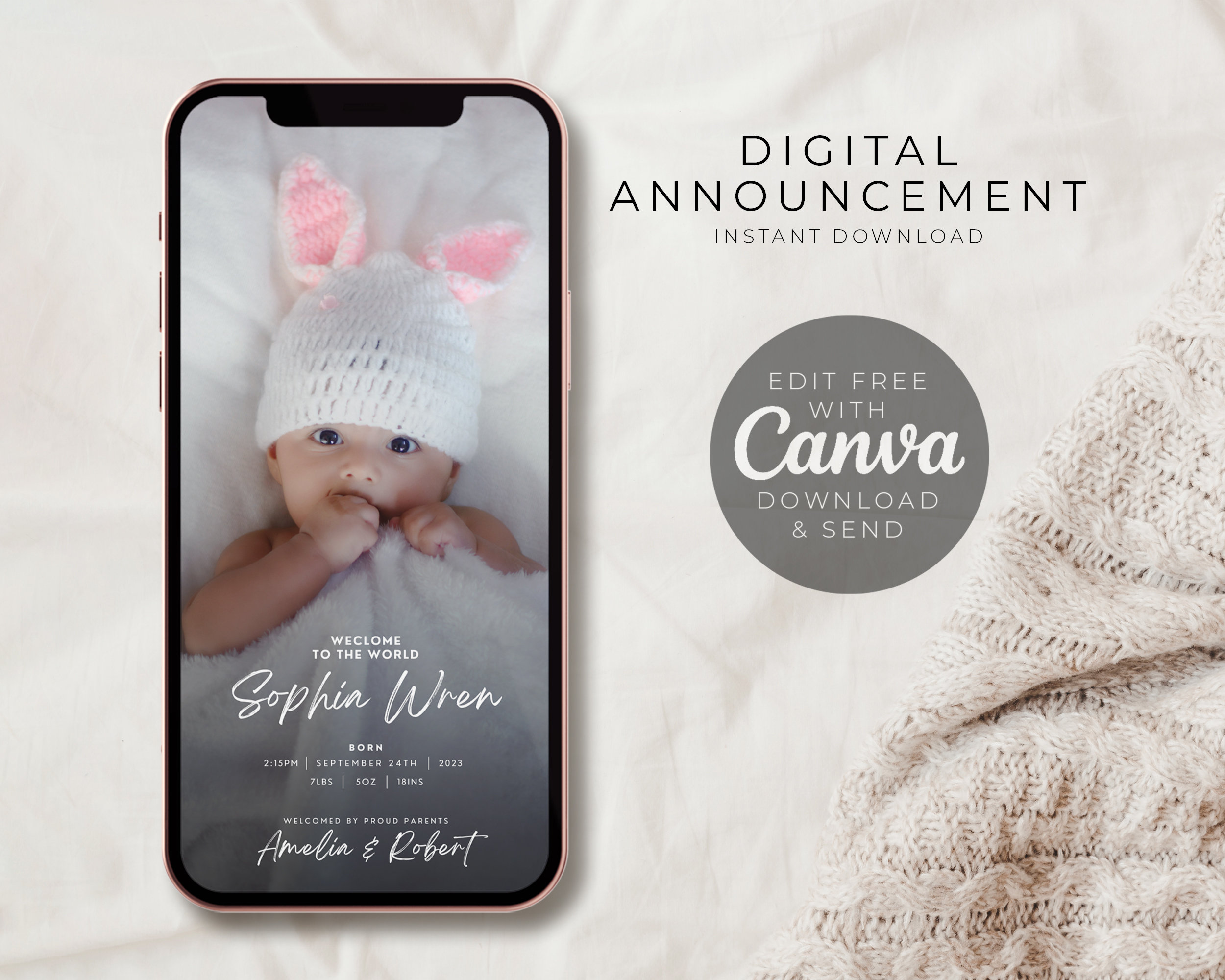 Baby Announcement Template, New Born Baby announcement, Digital Birth announcement, Mobile baby Announcement ecard