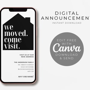 Nous avons déménagé. Venez visiter le modèle mobile numérique d'annonce de déménagement, le téléchargement modifiable de l'annonce d'une nouvelle adresse, la nouvelle carte de texte à la maison