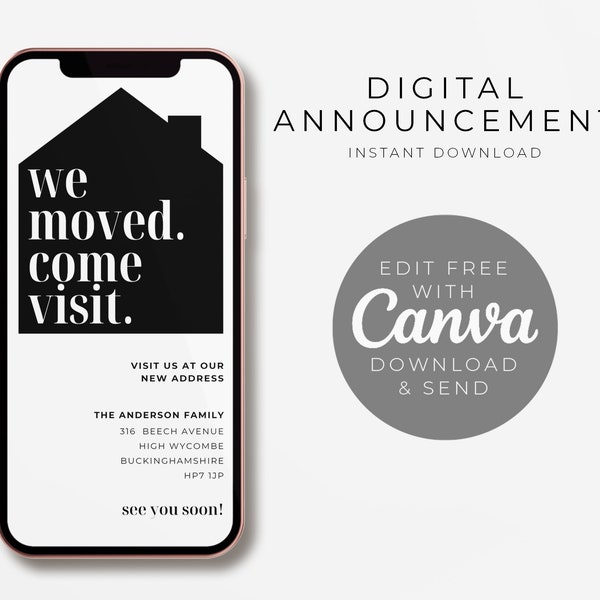 We moved. Come visit Moving Announcement Digital Mobile Template, New Address Announcement Editable Download, New Home Text Card