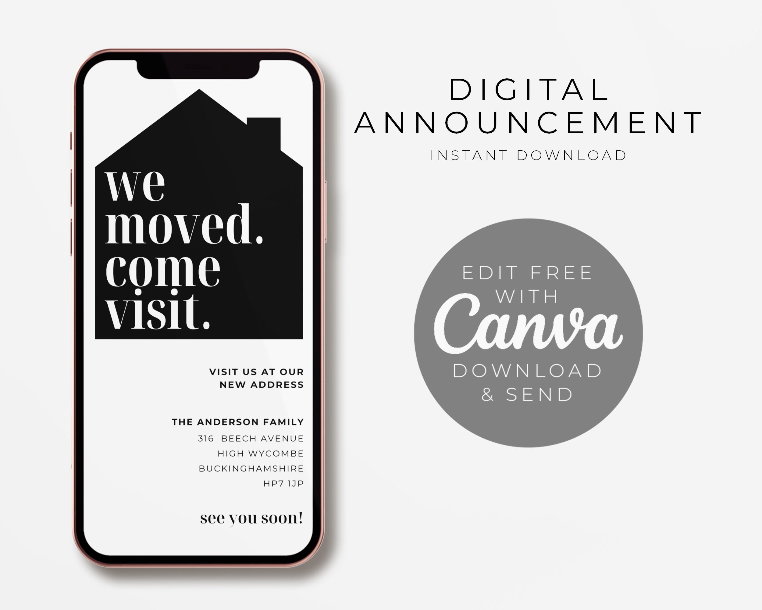 We moved. Come visit Moving Announcement Digital Mobile Template, New Address Announcement Editable Download, New Home Text Card